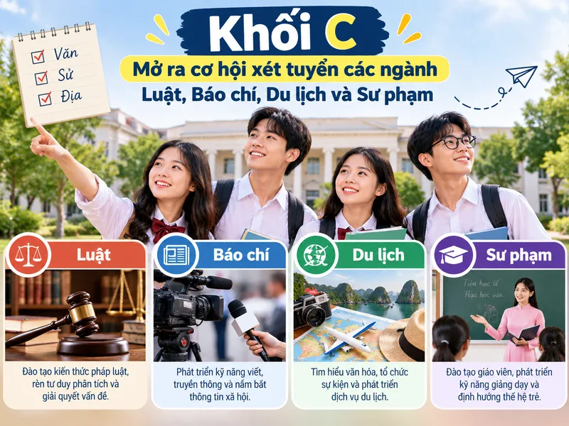Khối C mở ra cơ hội xét tuyển các ngành Luật, Báo chí, Du lịch và Sư phạm.