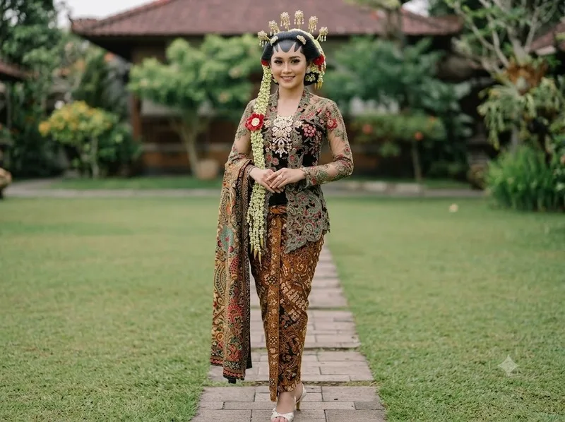 Kebaya nổi bật với thiết kế áo thanh lịch, phối cùng váy batik truyền thống